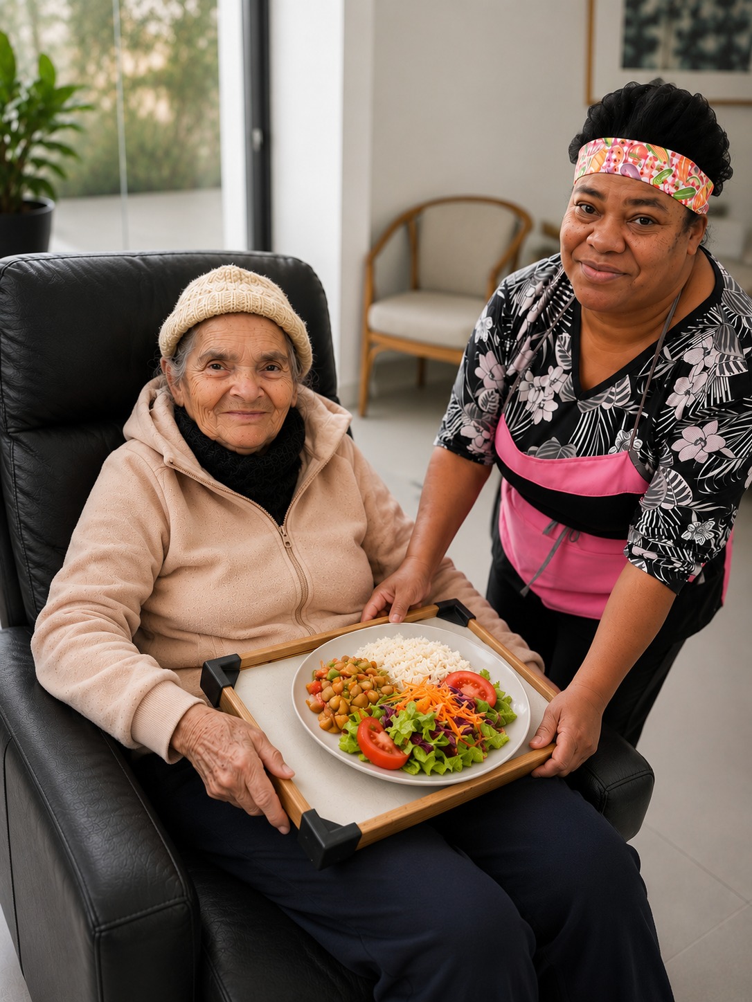 Cuidadora servindo refeição a residente